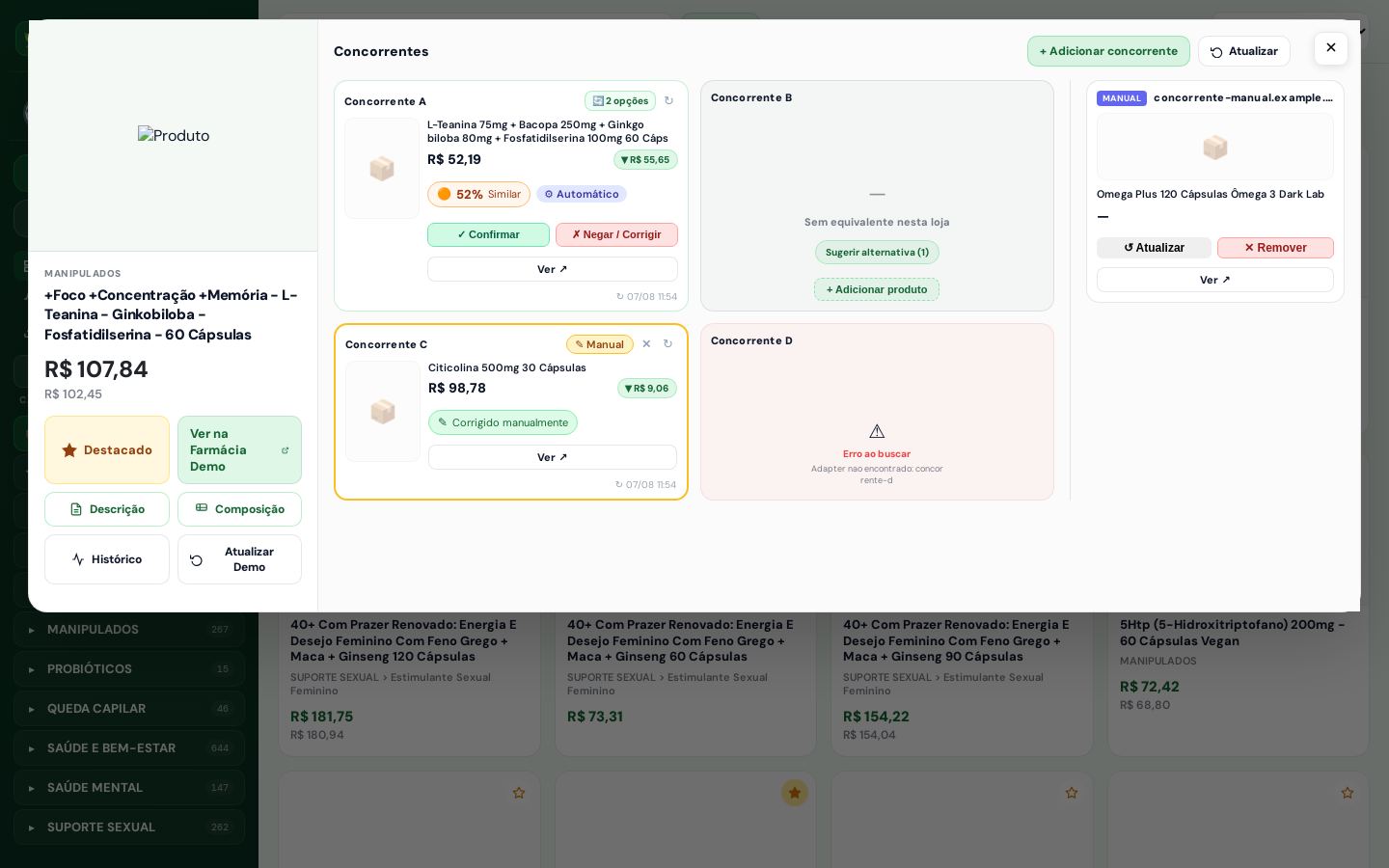 Painel de correspondência de um produto: quatro concorrentes lado a lado, cada um com o item casado, similaridade calculada e opção de confirmar ou corrigir manualmente.